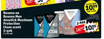 Kruidvat Rexona en rexona men deostick maximum protection clean scent 2-pak 2 x 45 ml aanbieding
