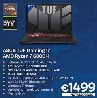 CompuDeals Asus tuf gaming 17 amd ryzen 7 6800h aanbieding