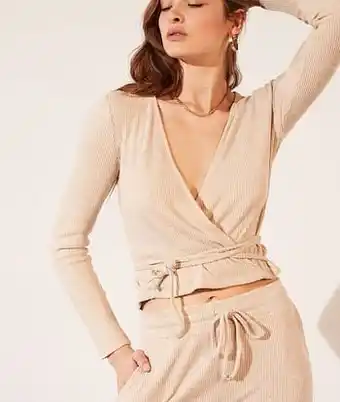 Overslagtop met lange mouwen, geribd - XS - ZAND - Etam