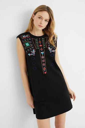 Korte mouwloze boho-jurk - BLACK - S