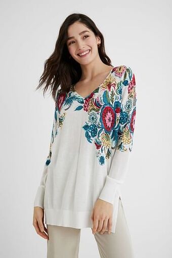 Desigual Lange trui met bloemen - WHITE - XL aanbieding