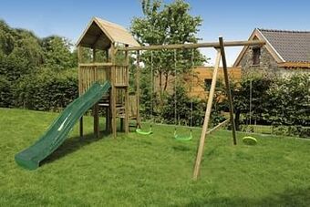 Dreamland BnB Wood schommel Perk met groene glijbaan aanbieding