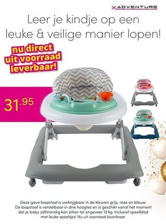 Baby & Tiener Deze gave loopstoel is verkrijgbaar in de kleuren grijs, roze en blauw aanbieding