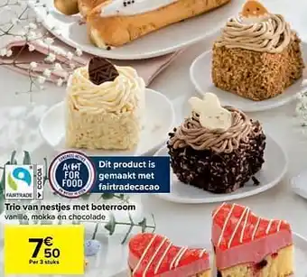 Carrefour Trio van nestjes met boterroom vanille, mokka en chocolade aanbieding