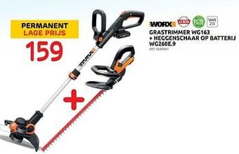Brico Worx grastrimmer wg163 + heggenschaar op batterij wg260e.9 aanbieding