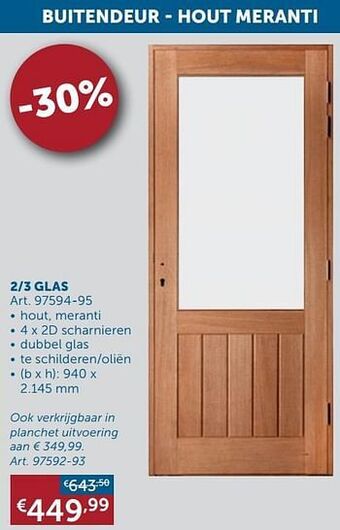 Zelfbouwmarkt Buitendeur - hout meranti 2-3 glas aanbieding