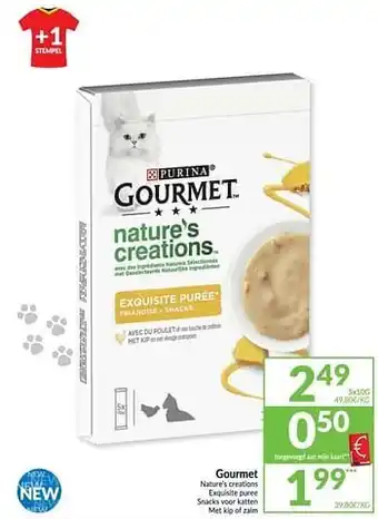 Intermarché Gourmet nature`s creations exquisite puree snacks voor katten met kip of zalm aanbieding
