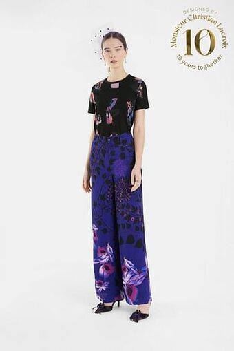 Desigual Broek met wijde pijpen en bloemen - BLUE - 38 aanbieding