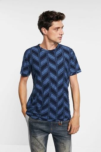 T-shirt met jacquard visgraatmotief - BLUE - XXL