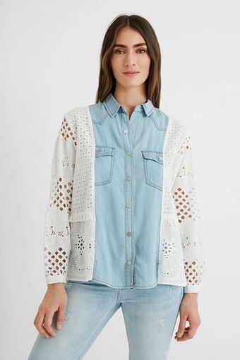 Desigual Overhemdblouse van denim en haakwerk - WHITE - M aanbieding