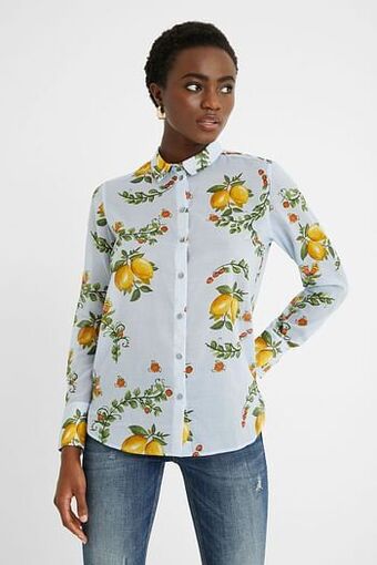 Desigual Katoenen overhemdblouse met citroenen - BLUE - XXL aanbieding