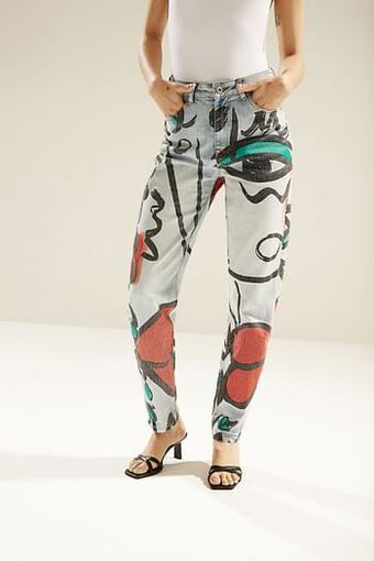 Desigual Uniseks straight fit jeans met ’El beso’-print - BLUE - M aanbieding