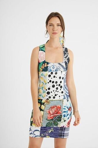 Desigual Slim fit jurk met vierkante halslijn en patch - WHITE - XS aanbieding