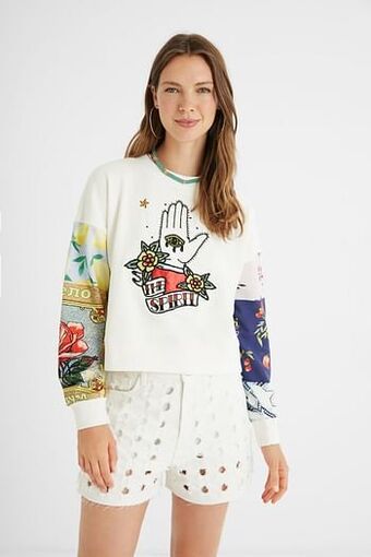 Desigual Katoenen trui met patches op de mouwen - WHITE - S aanbieding