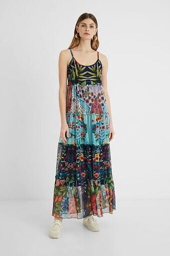 Lange wijd uitlopende jurk met bloemenpatches - BLUE - XL