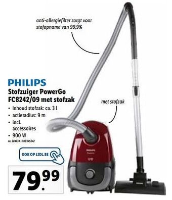 Lidl Philips stofzuiger powergo fc8242-09 met stofzak aanbieding