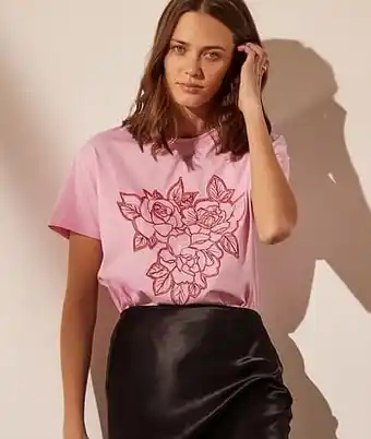 T-shirt met geborduurde rozen - M - ROZE MARSHMALLOW - Etam