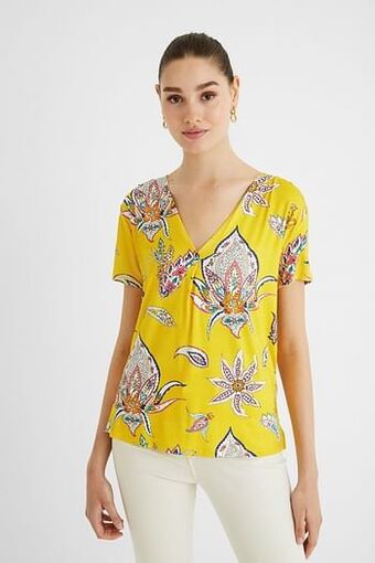 Desigual T-shirt met paisleys en V-hals - YELLOW - S aanbieding