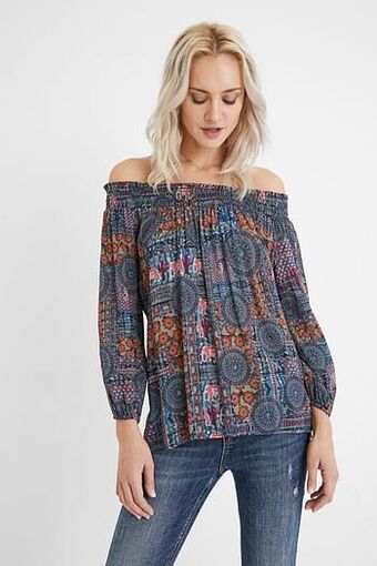 Desigual Boho blouse met off-the-shoulder-hals - BLUE - S aanbieding