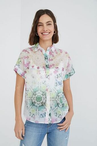 Korte blouse met pastelkleurige print - WHITE - M