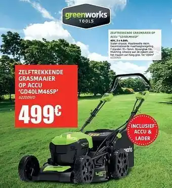 Europoint Greenworks zelftrekkende grasmaaier op accu gd40lm46sp aanbieding