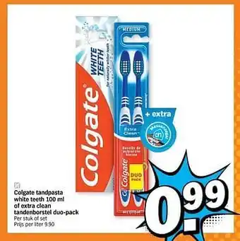 Albert Heijn Colgate tandpasta white teeth 100 ml of extra clean tandenborstel duo-pack aanbieding