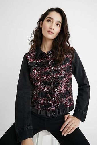 Desigual Slim fit spijkerjack met pailletten - BLUE - 34 aanbieding