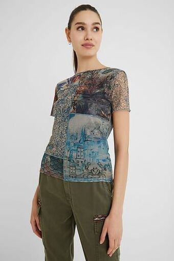Desigual Slim fit T-shirt met tule en landschappen - BROWN - S aanbieding