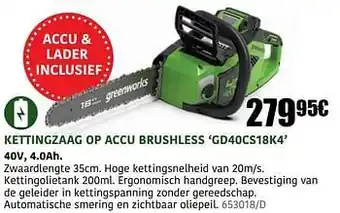 HandyHome Greenworks kettingzaag op accu brushless gd40cs18k4 aanbieding