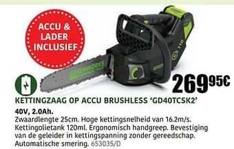 HandyHome Greenworks kettingzaag op accu brushless gd40tcsk2 aanbieding