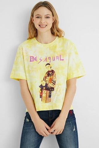 Kort T-shirt met illustratie en tekst - YELLOW - XL