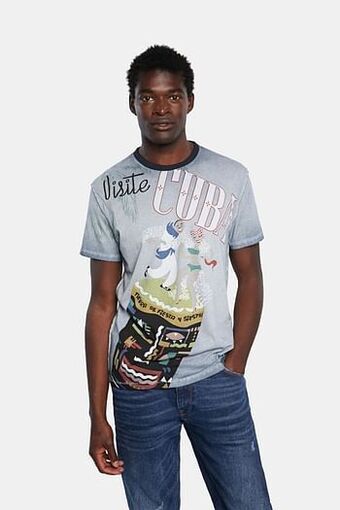 Desigual Basic T-shirt van katoen met Cuba-print - BLUE - M aanbieding