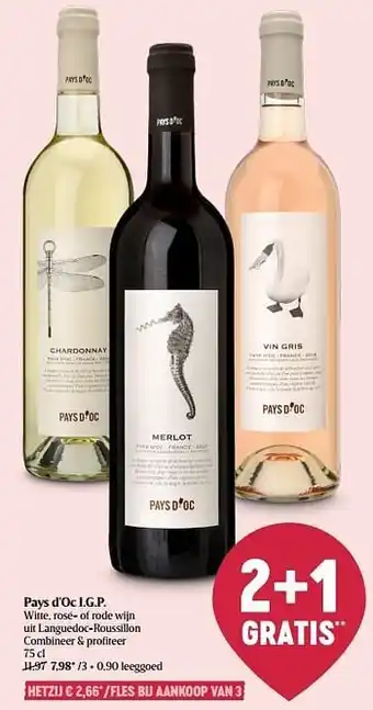 Pays d`oc i.g.p. witte rosé- of rode wijn uit languedoc-roussillon
