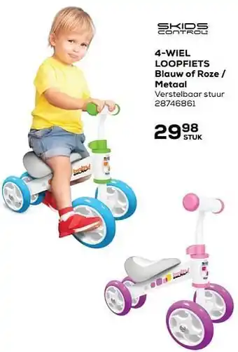 4-wiel loopfiets blauw of roze - metaal