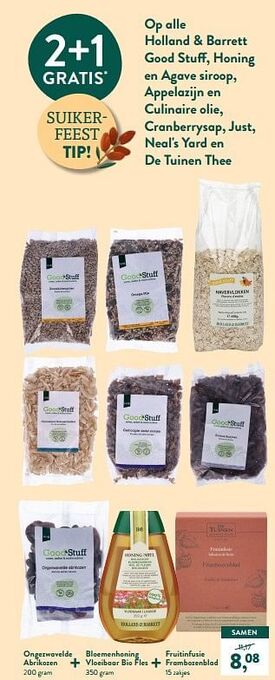 Holland & Barrett Ongezwavelde abrikozen + bloemenhoning vloeibaar bio fles + fruitinfusie frambozenblad aanbieding