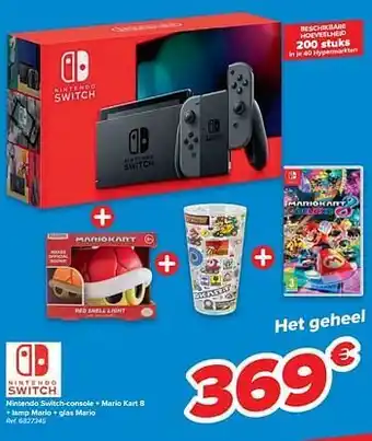 Carrefour Nintendo switch-console + mario kart 8 + lamp mario + glas mario aanbieding
