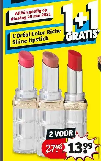 Kruidvat L'oreal Color Riche Shine Lipstick aanbieding
