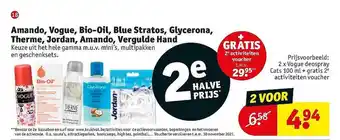 Kruidvat Amando, Vogue, Bio-oil, Blue Stratos, Glycerona, Therme, Jordan, Amando, Vergulde Hand aanbieding