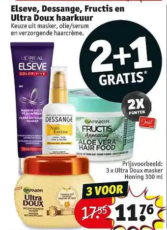 Kruidvat Elseve, Dessange, Fructis En Ultra Doux Haarkuur 300ml aanbieding