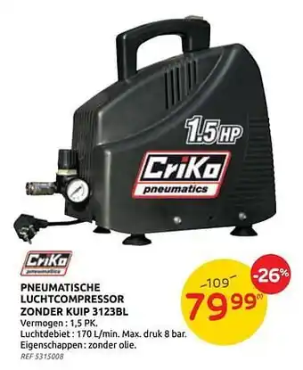 Criko pneumatische luchtcompressor zonder kuip 3123bl