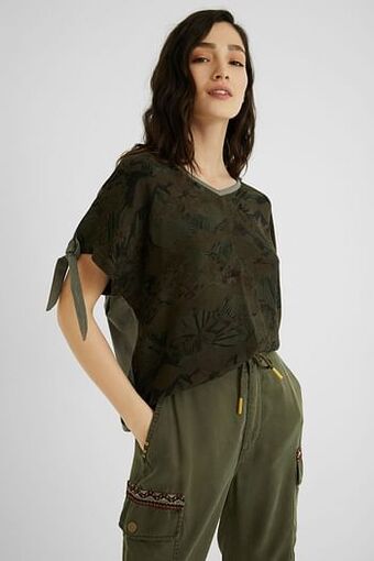 Desigual Tropisch T-shirt met strikjes - GREEN - XXL aanbieding