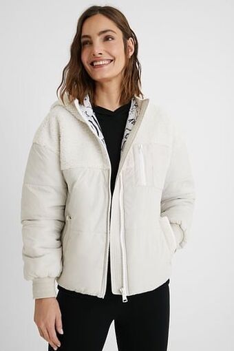 Desigual Gewatteerde jas met lamsvacht en capuchon - WHITE - L aanbieding