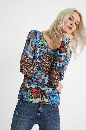 Desigual Fijngebreide trui met diepe V-hals en print - BROWN - XL aanbieding