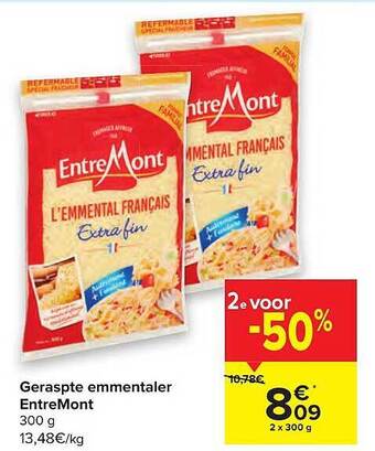Carrefour Geraspte Emmentaler Entremont aanbieding