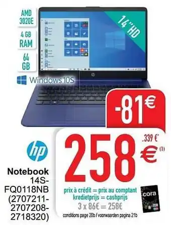 Cora Hp notebook 14sfq0118nb aanbieding