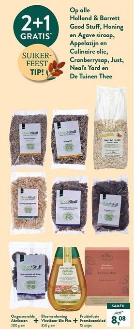 Holland & Barrett Ongezwavelde abrikozen + bloemenhoning vloeibaar bio fles + fruitinfusie frambozenblad aanbieding