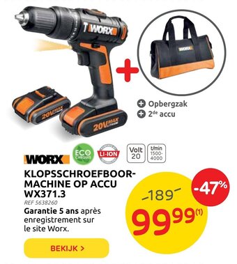 Brico Worx Klopsschroefboormachine Op Accu WX371.3 aanbieding