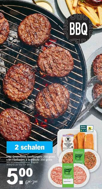 Albert Heijn Ah Greenfields Beefburgers 250 Gram, Ah Filetlapjes A La Minute 350 Gram aanbieding