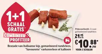 Delhaize Brazade van Italiaanse kip, gemarineerd rundvlees, "Savourette" varkensvlees of kalkoen aanbieding