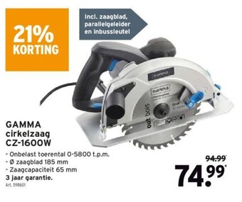 GAMMA Gamma cirkelzaag CZ-1600W aanbieding
